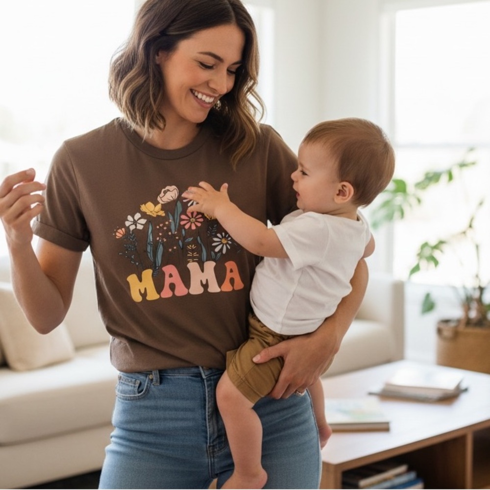 Retro Floral MAMA Graphic Tee Brown T-Shirt Cute Motherhood Top Small